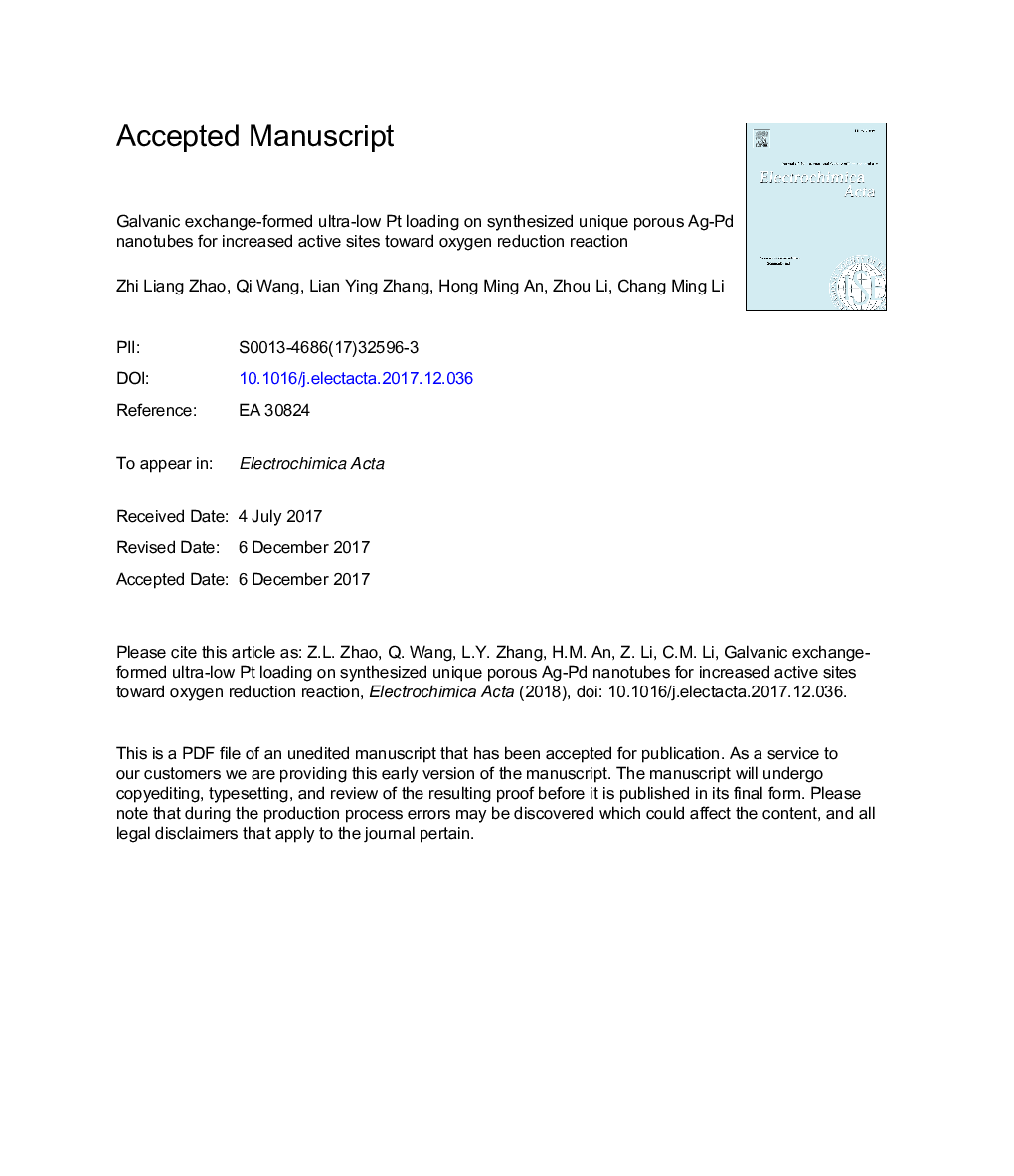 عکس صفحه اول مقاله: Galvanic exchange-formed ultra-low Pt loading on synthesized unique porous Ag-Pd nanotubes for increased active sites toward oxygen reduction reaction Galvanic exchange-formed ultra-low Pt loading on synthesized unique porous Ag-Pd nanotubes for increased active sites toward oxygen reduction reaction