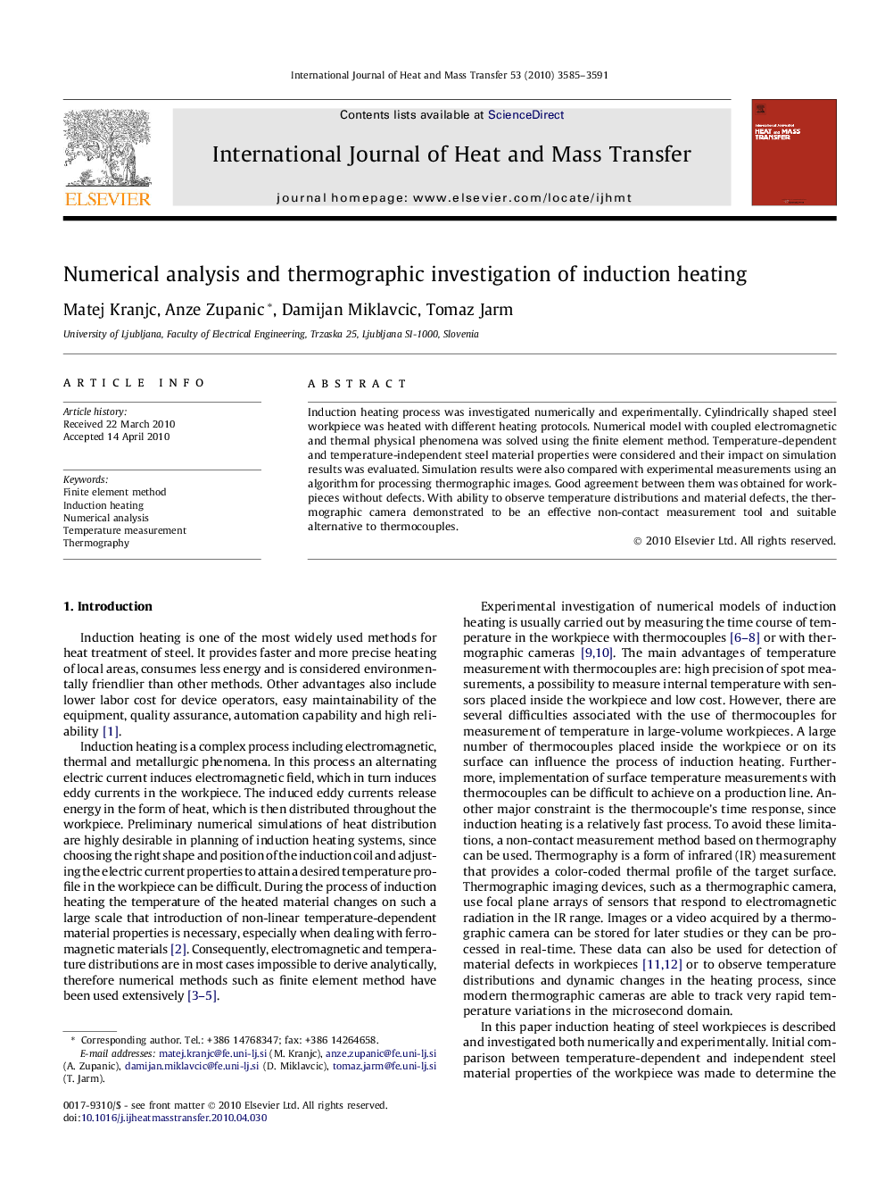 Numerical analysis and thermographic investigation of induction heating