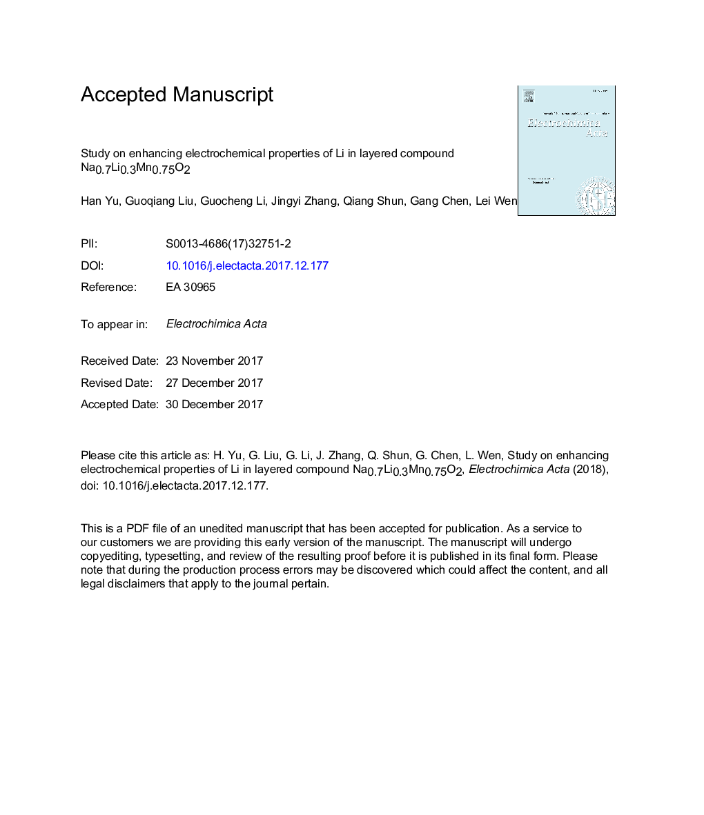 Study on enhancing electrochemical properties of Li in layered compound Na0.7Li0.3Mn0.75O2