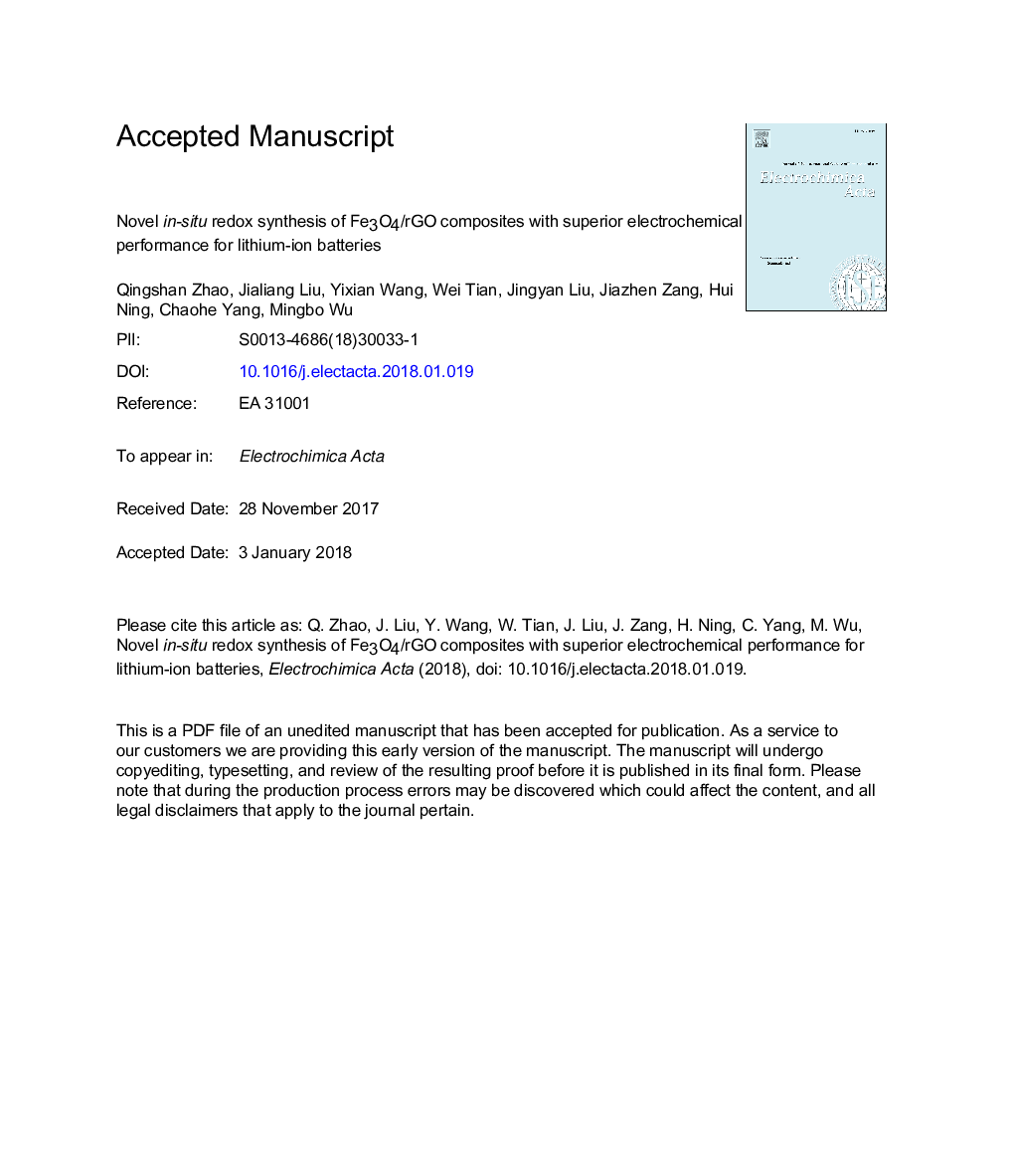 Novel in-situ redox synthesis of Fe3O4/rGO composites with superior electrochemical performance for lithium-ion batteries