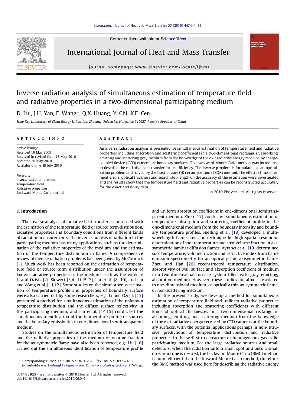 Inverse radiation analysis of simultaneous estimation of temperature field and radiative properties in a two-dimensional participating medium