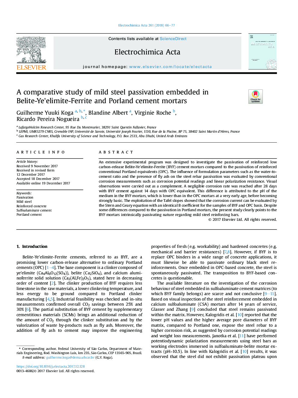 A comparative study of mild steel passivation embedded in Belite-Ye'elimite-Ferrite and Porland cement mortars