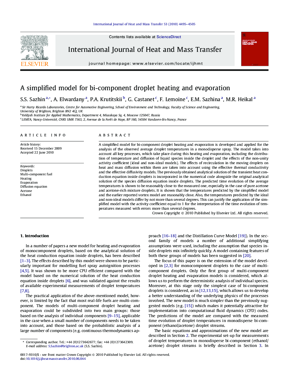 A simplified model for bi-component droplet heating and evaporation