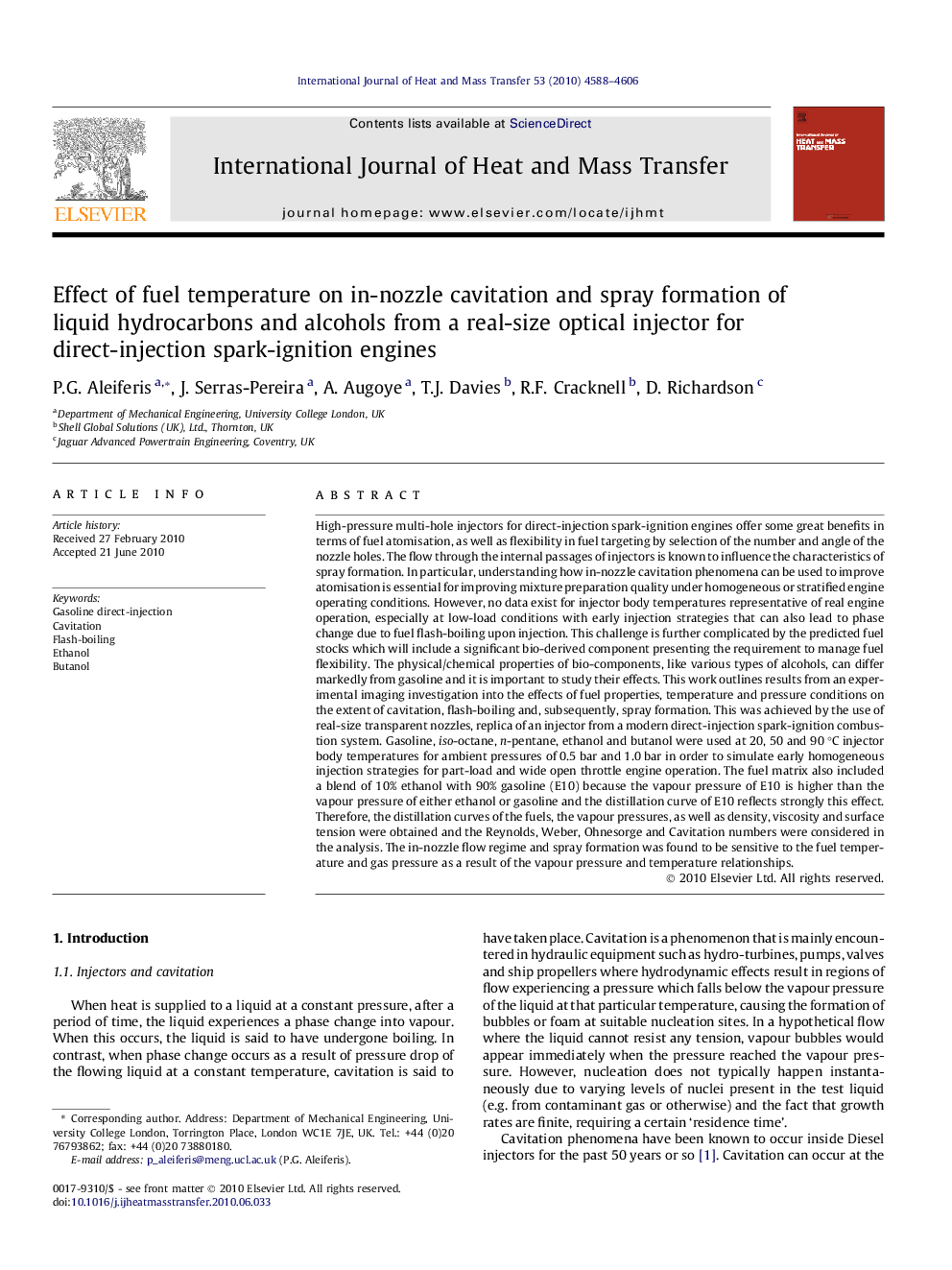 Effect of fuel temperature on in-nozzle cavitation and spray formation of liquid hydrocarbons and alcohols from a real-size optical injector for direct-injection spark-ignition engines