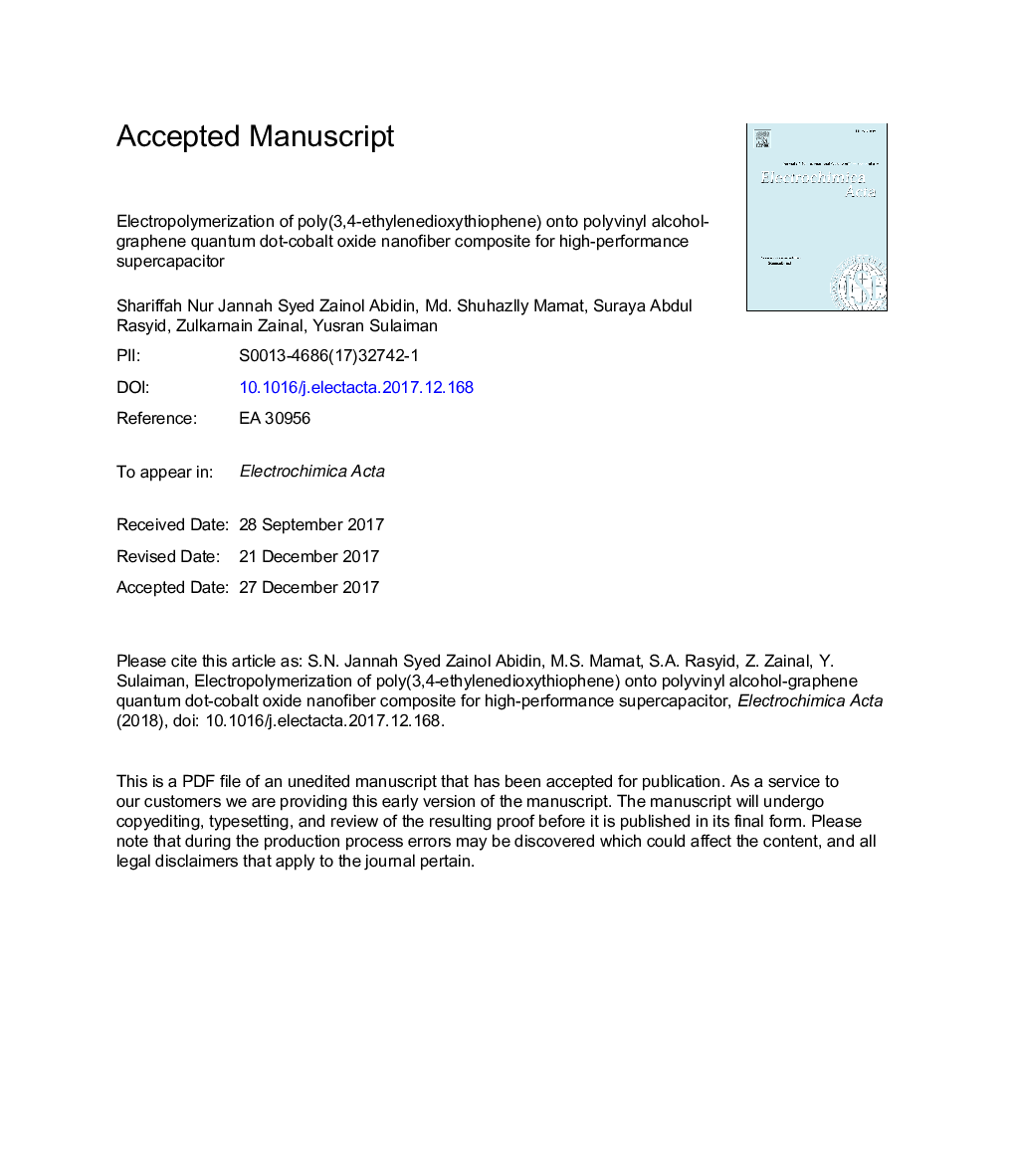 الکترو پلیمر سازی پلی (3،4-اتیلن دی سکته یوفن) روی پلی اتیلن الکل گرافن کامپوزیت کوانتومی نقطه کبالت اکسید کوانتومی برای ابرکاپاسیون با عملکرد بالا 