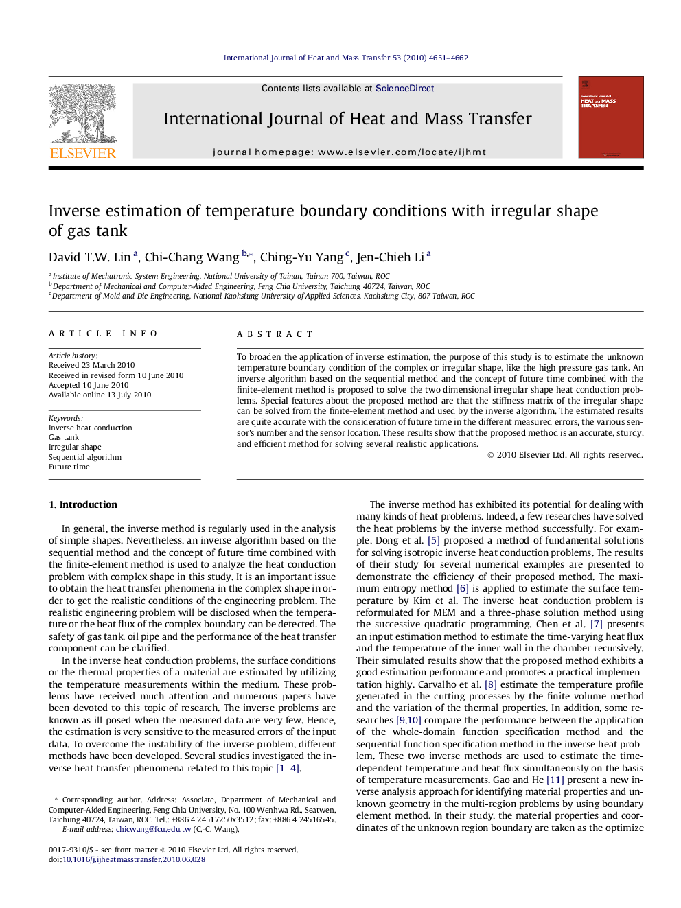 Inverse estimation of temperature boundary conditions with irregular shape of gas tank