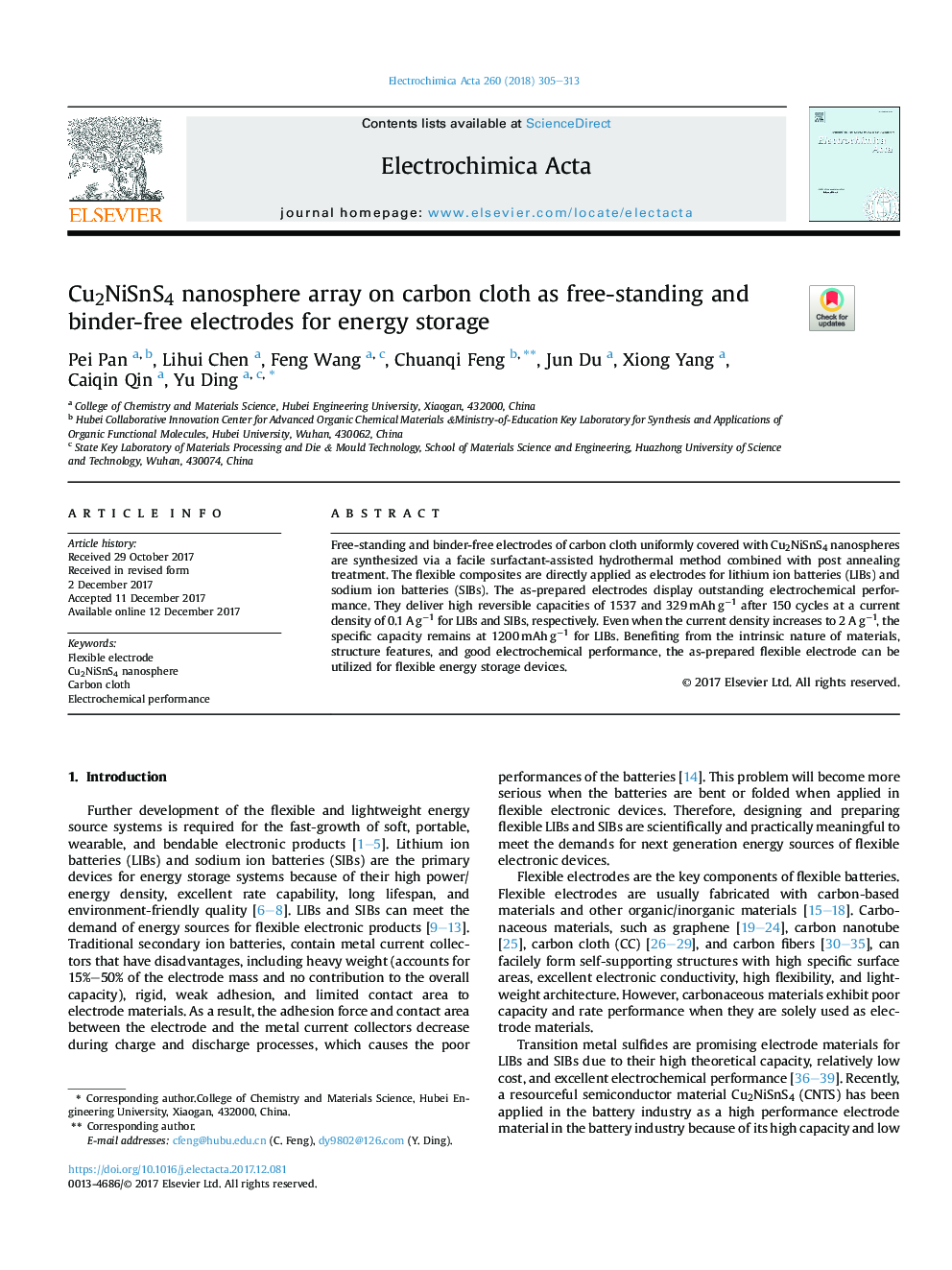 Cu2NiSnS4 nanosphere array on carbon cloth as free-standing and binder-free electrodes for energy storage