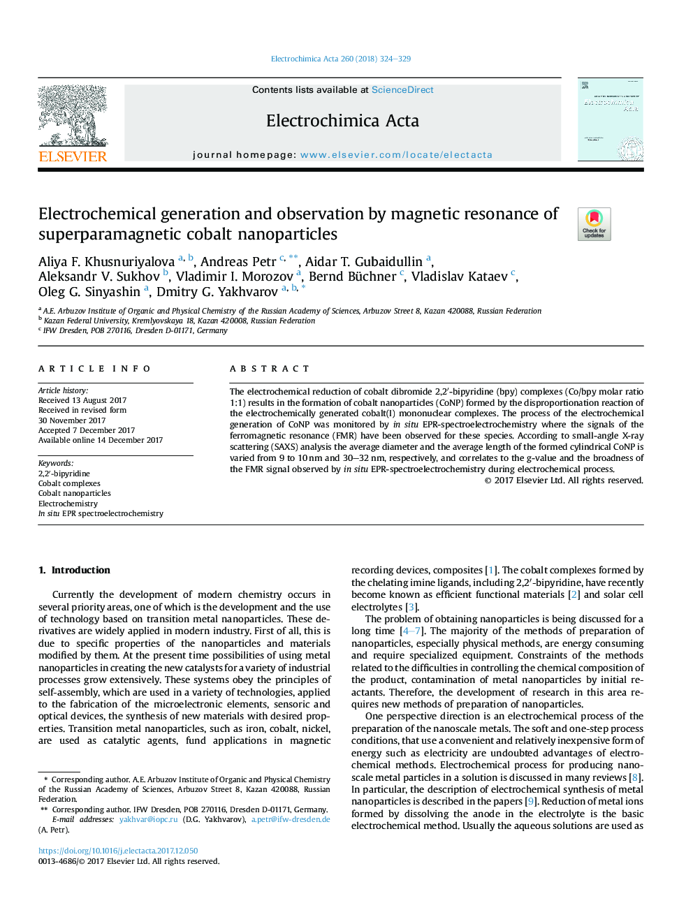 Electrochemical generation and observation by magnetic resonance of superparamagnetic cobalt nanoparticles