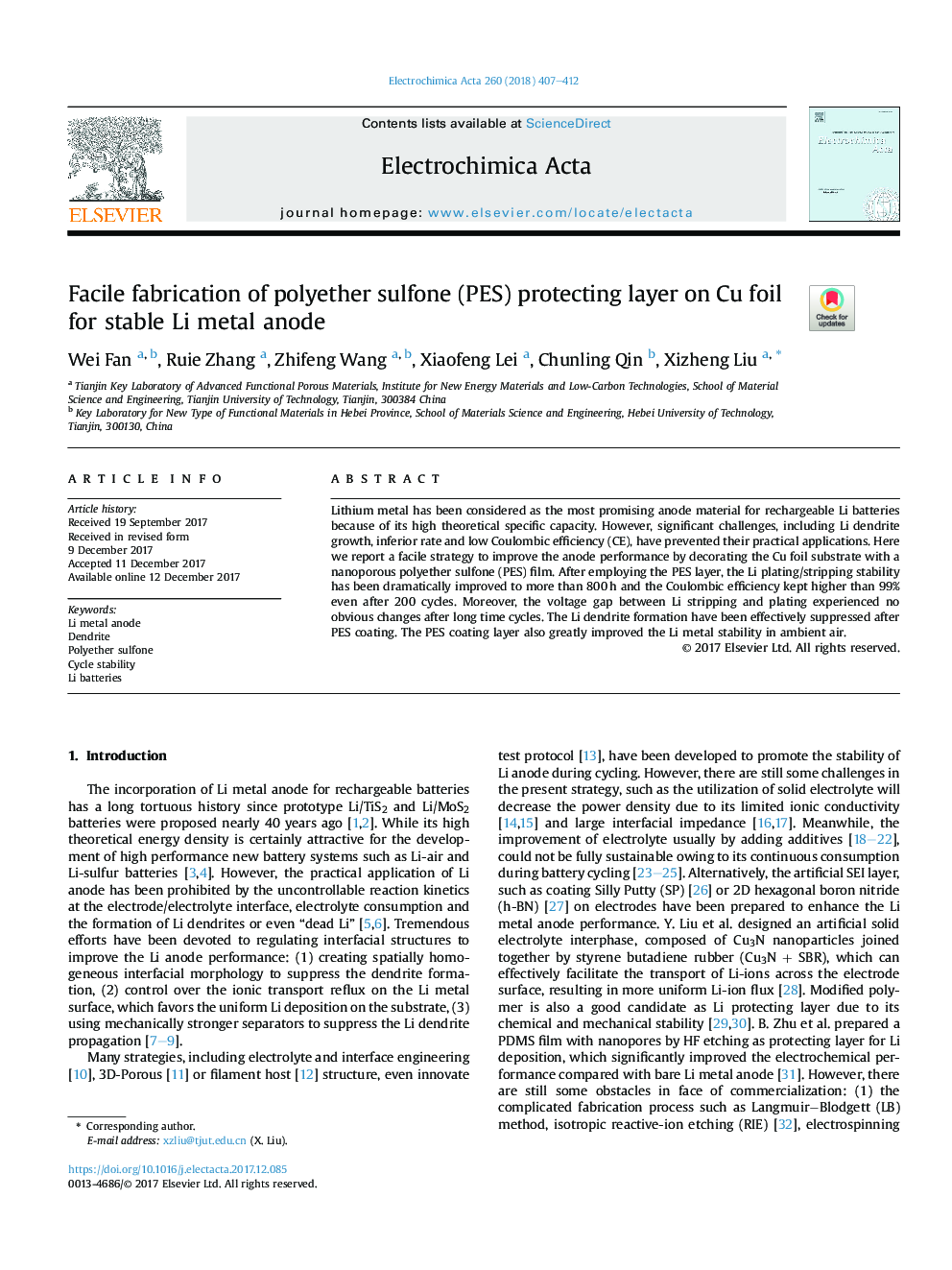 Facile fabrication of polyether sulfone (PES) protecting layer on Cu foil for stable Li metal anode