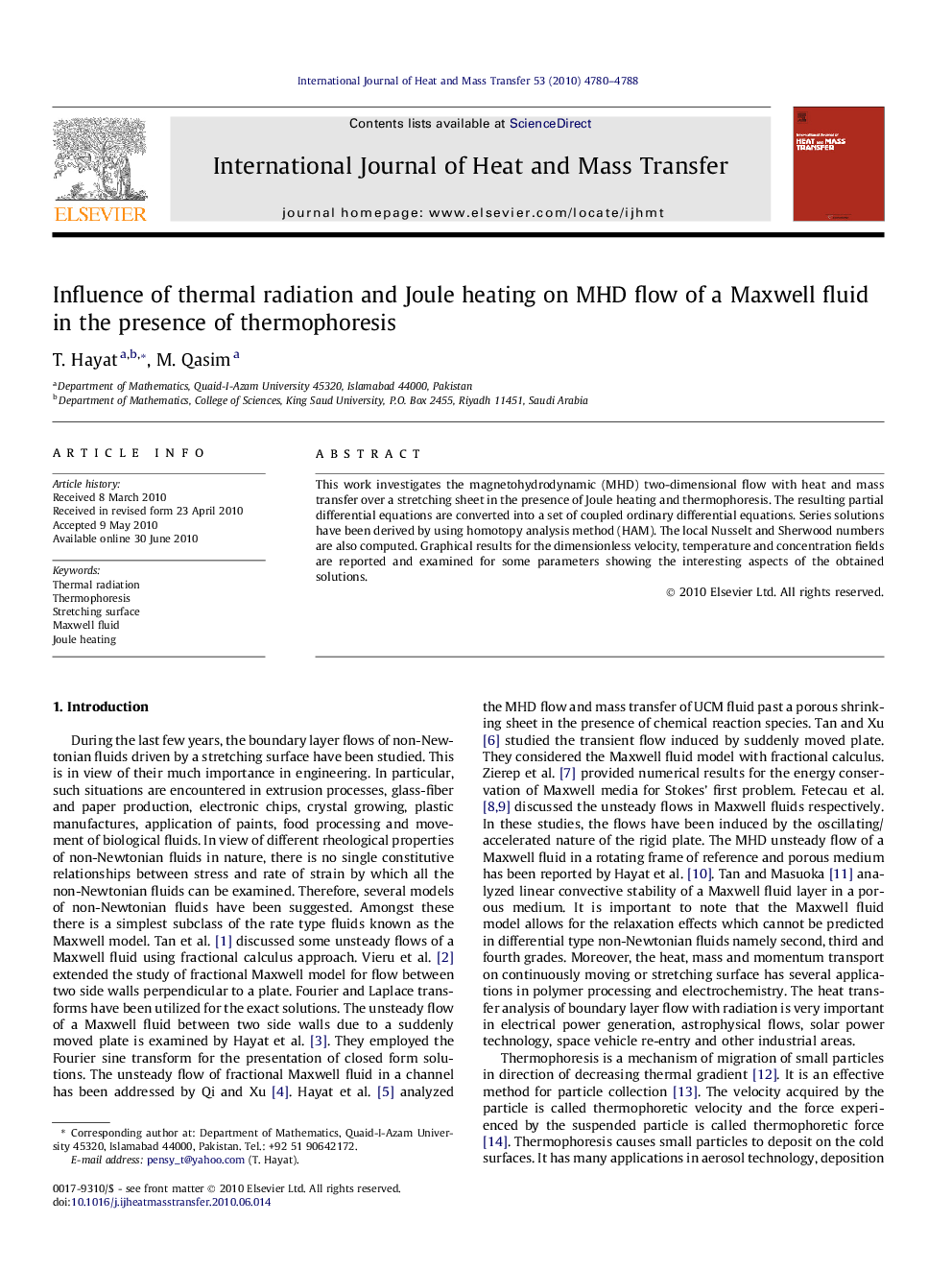 Influence of thermal radiation and Joule heating on MHD flow of a Maxwell fluid in the presence of thermophoresis