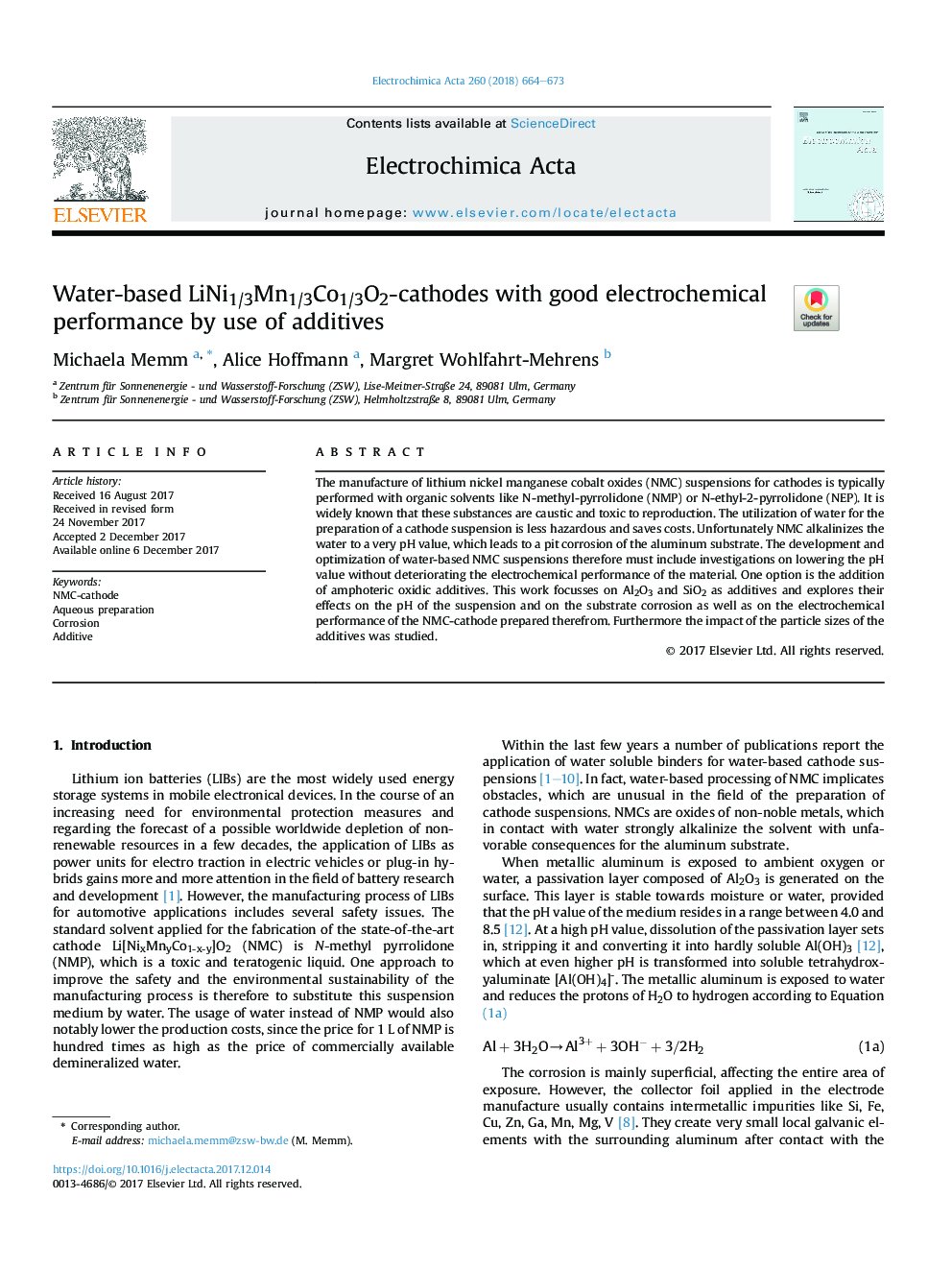 Water-based LiNi1/3Mn1/3Co1/3O2-cathodes with good electrochemical performance by use of additives