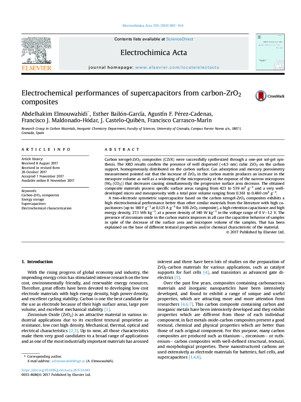 Electrochemical performances of supercapacitors from carbon-ZrO2 composites