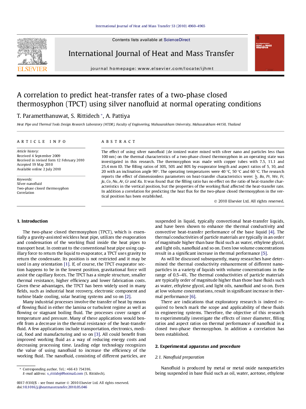 A correlation to predict heat-transfer rates of a two-phase closed thermosyphon (TPCT) using silver nanofluid at normal operating conditions