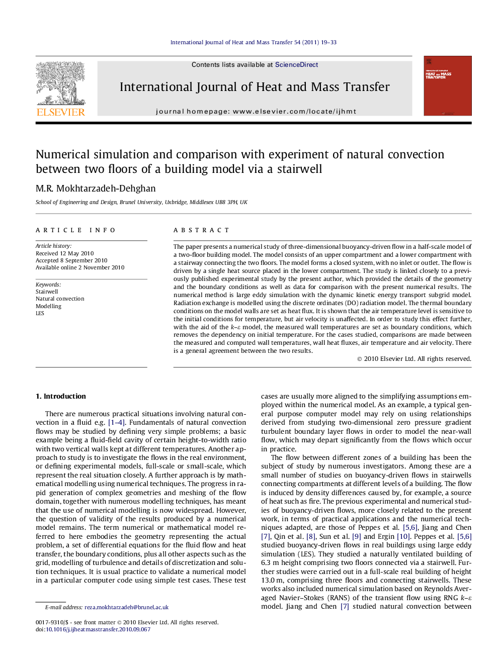 Numerical simulation and comparison with experiment of natural convection between two floors of a building model via a stairwell