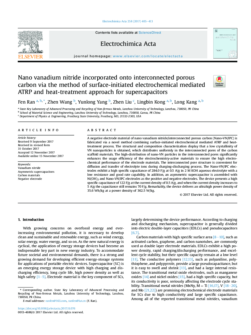 Nano vanadium nitride incorporated onto interconnected porous carbon via the method of surface-initiated electrochemical mediated ATRP and heat-treatment approach for supercapacitors