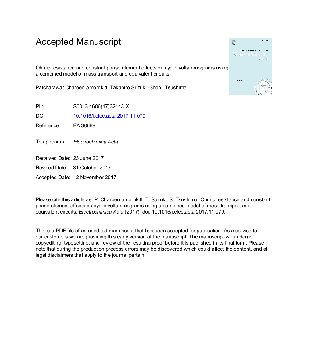 مقاومت اویمیک و عنصر ثابت فاز ثابت بر روی ولتاموگرام های سیکل با استفاده از یک مدل ترکیبی حمل و نقل جرم و مدارهای معادل آن 