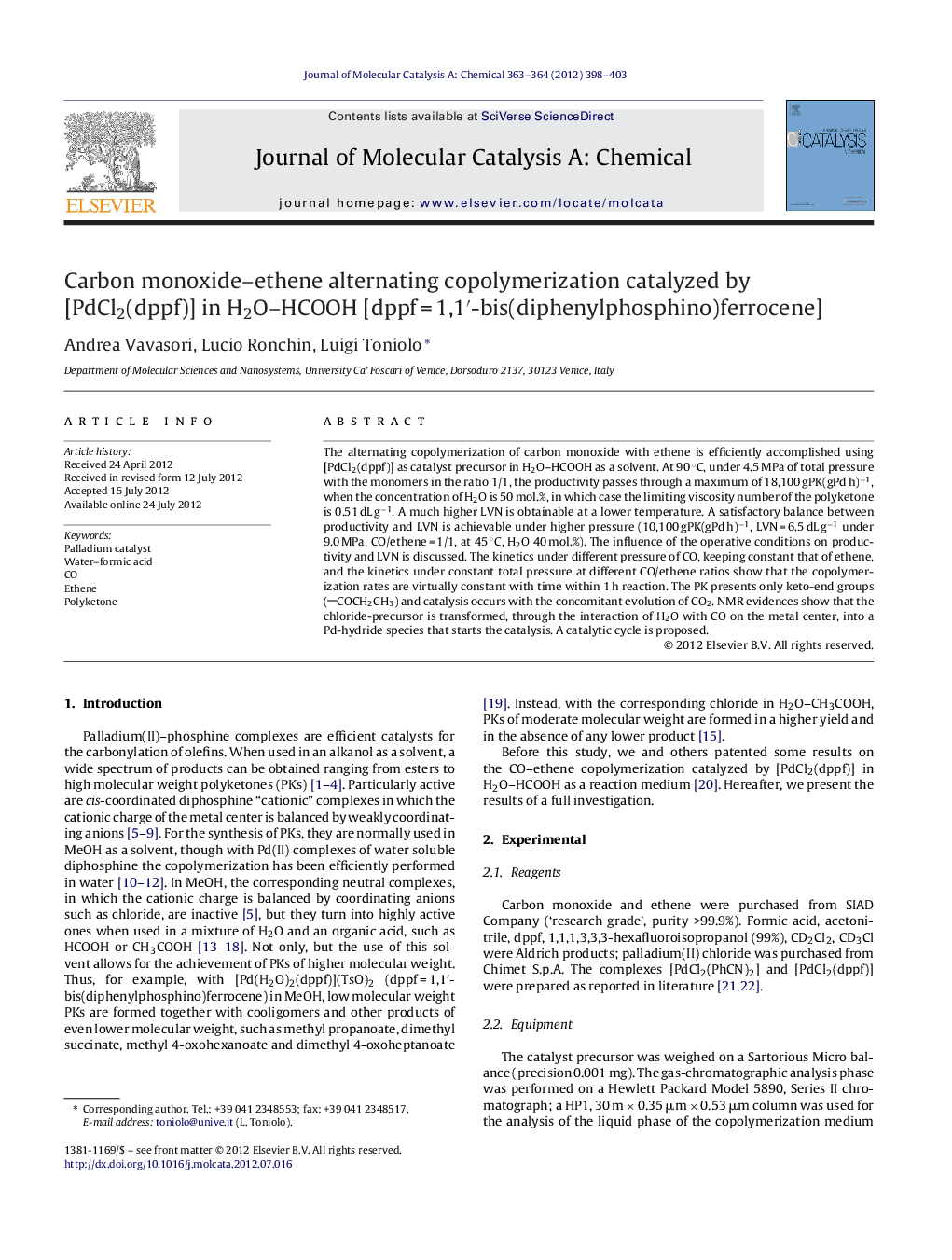 Carbon monoxide–ethene alternating copolymerization catalyzed by [PdCl2(dppf)] in H2O–HCOOH [dppf = 1,1′-bis(diphenylphosphino)ferrocene]
