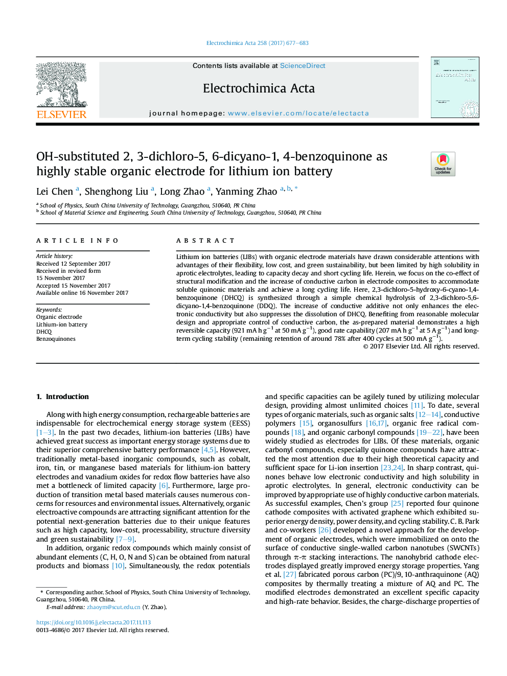 OH-substituted 2, 3-dichloro-5, 6-dicyano-1, 4-benzoquinone as highly stable organic electrode for lithium ion battery