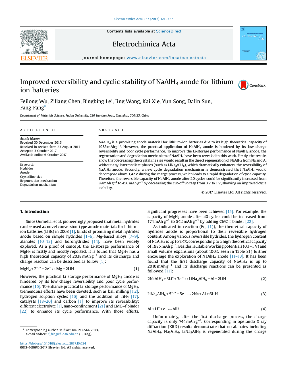 Improved reversibility and cyclic stability of NaAlH4 anode for lithium ion batteries