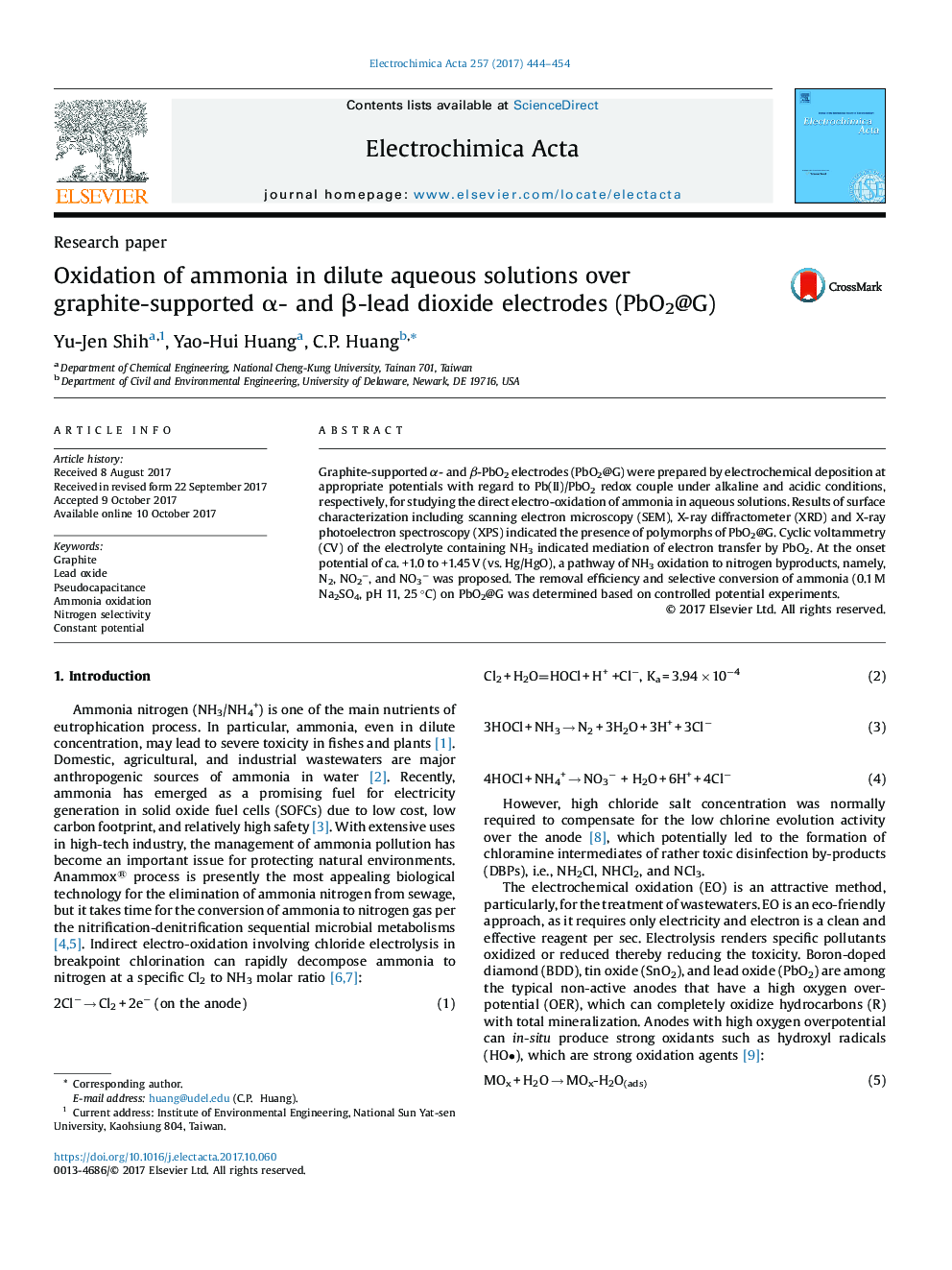 Oxidation of ammonia in dilute aqueous solutions over graphite-supported Î±- and Î²-lead dioxide electrodes (PbO2@G)