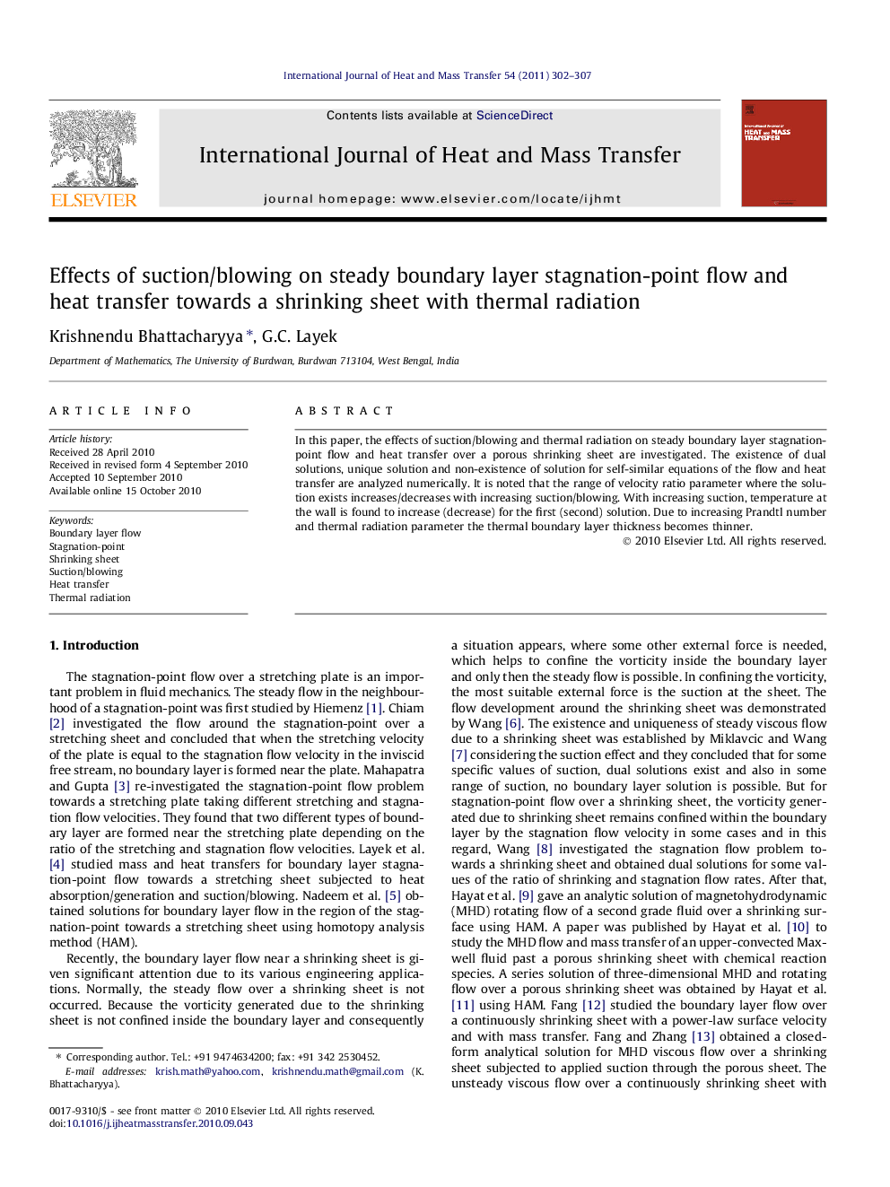 Effects of suction/blowing on steady boundary layer stagnation-point flow and heat transfer towards a shrinking sheet with thermal radiation