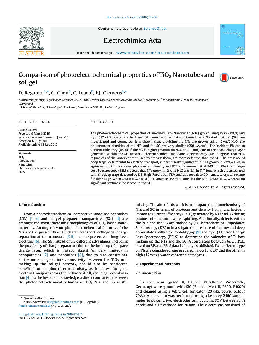 Comparison of photoelectrochemical properties of TiO2 Nanotubes and sol-gel