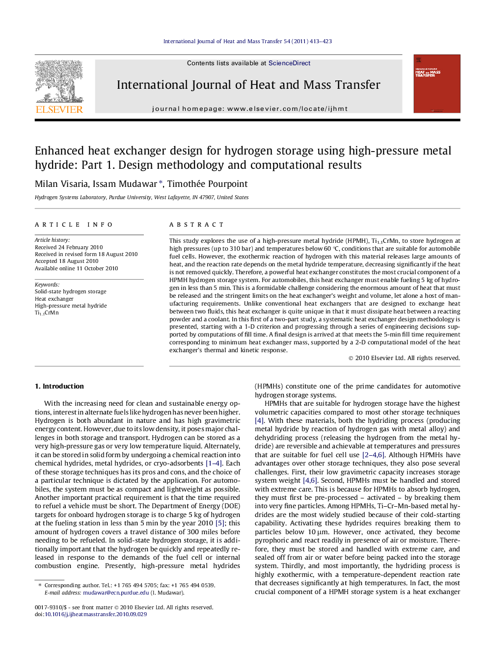 Enhanced heat exchanger design for hydrogen storage using high-pressure metal hydride: Part 1. Design methodology and computational results