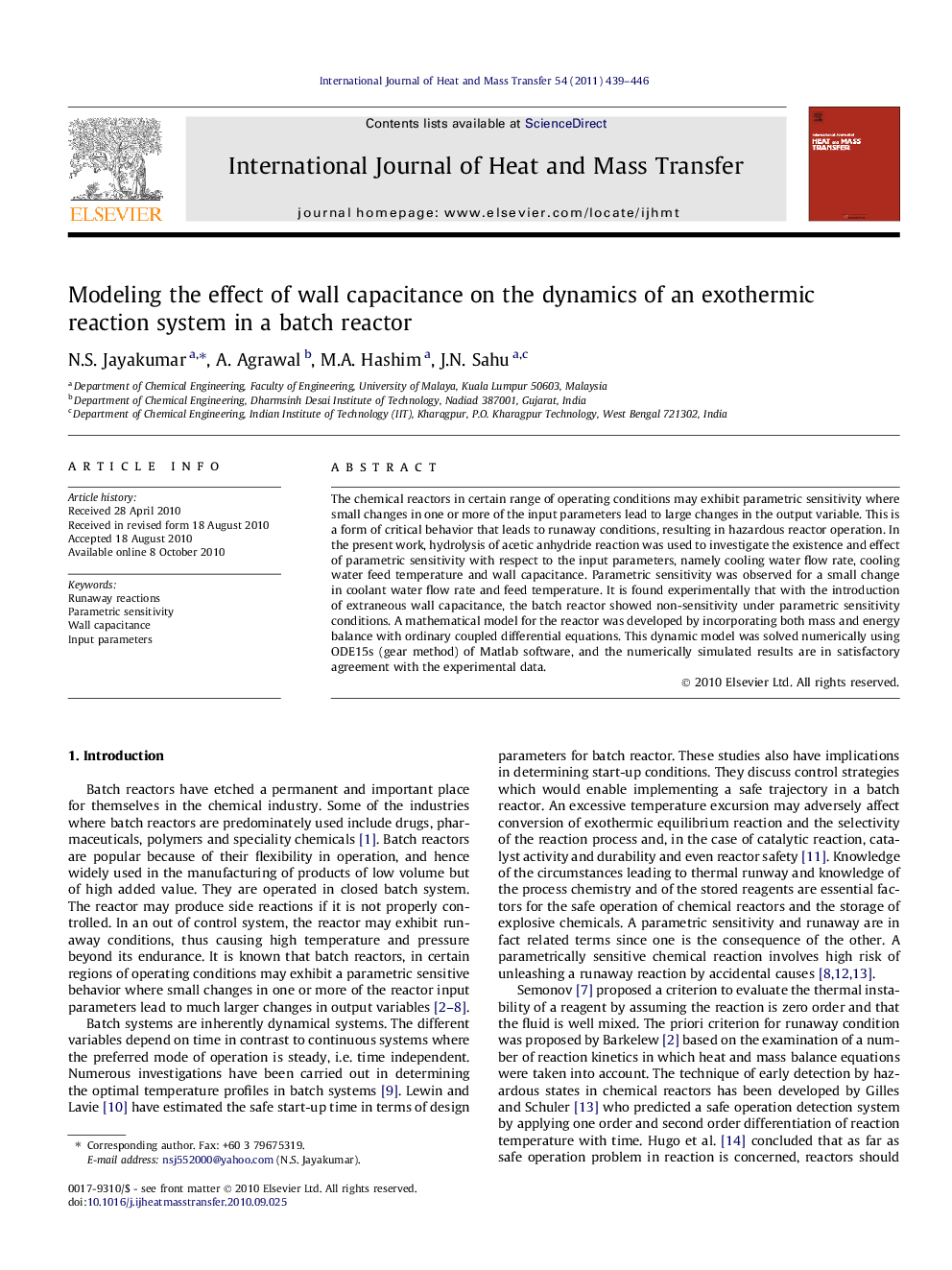 Modeling the effect of wall capacitance on the dynamics of an exothermic reaction system in a batch reactor