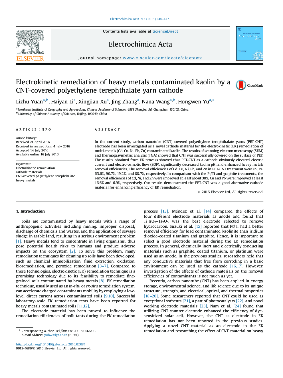 Electrokinetic remediation of heavy metals contaminated kaolin by a CNT-covered polyethylene terephthalate yarn cathode