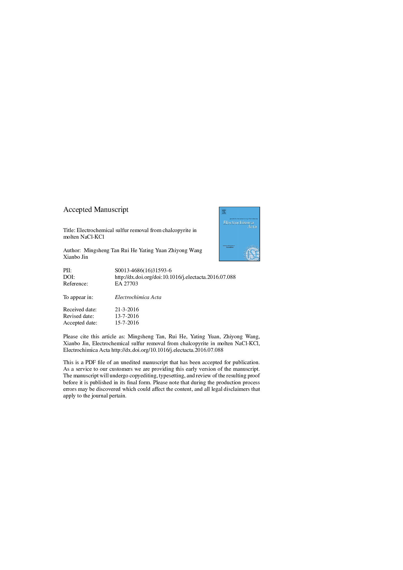 Electrochemical sulfur removal from chalcopyrite in molten NaCl-KCl