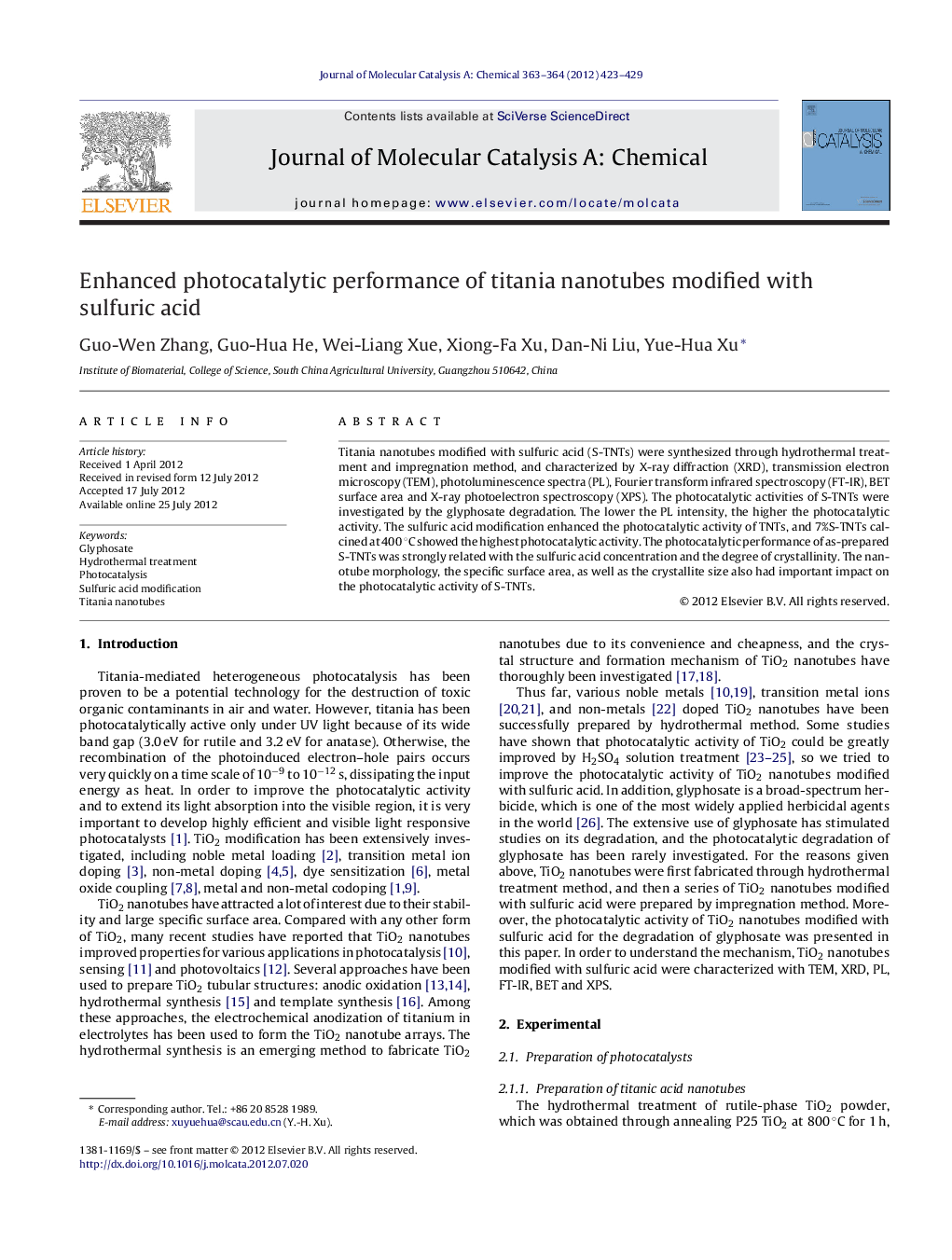 عکس صفحه اول مقاله: Enhanced photocatalytic performance of titania nanotubes modified with sulfuric acid Enhanced photocatalytic performance of titania nanotubes modified with sulfuric acid