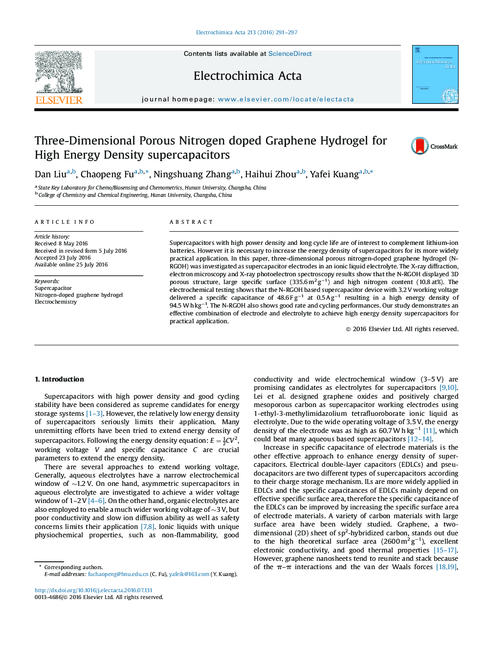 Three-Dimensional Porous Nitrogen doped Graphene Hydrogel for High Energy Density supercapacitors