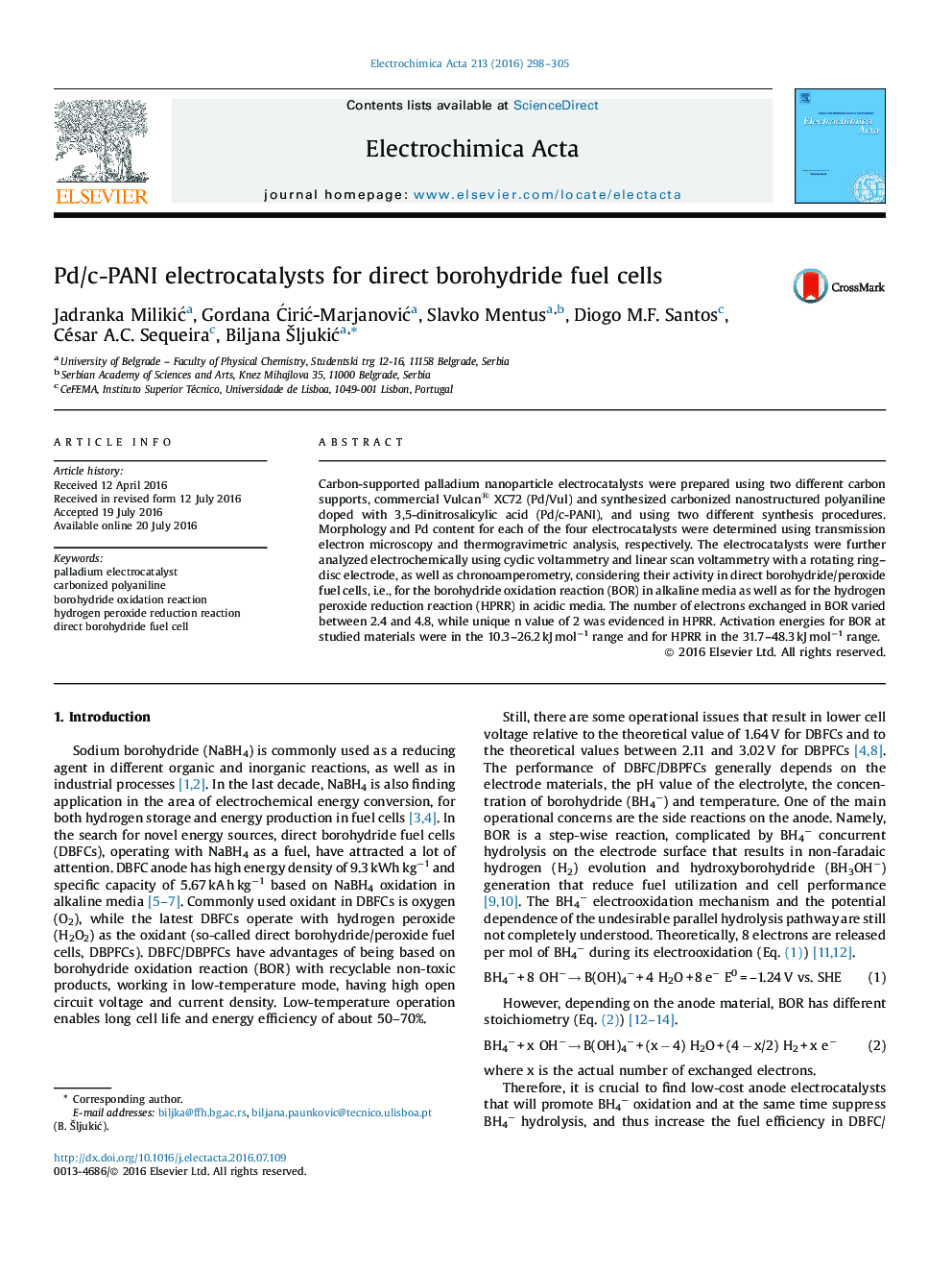 Pd/c-PANI electrocatalysts for direct borohydride fuel cells