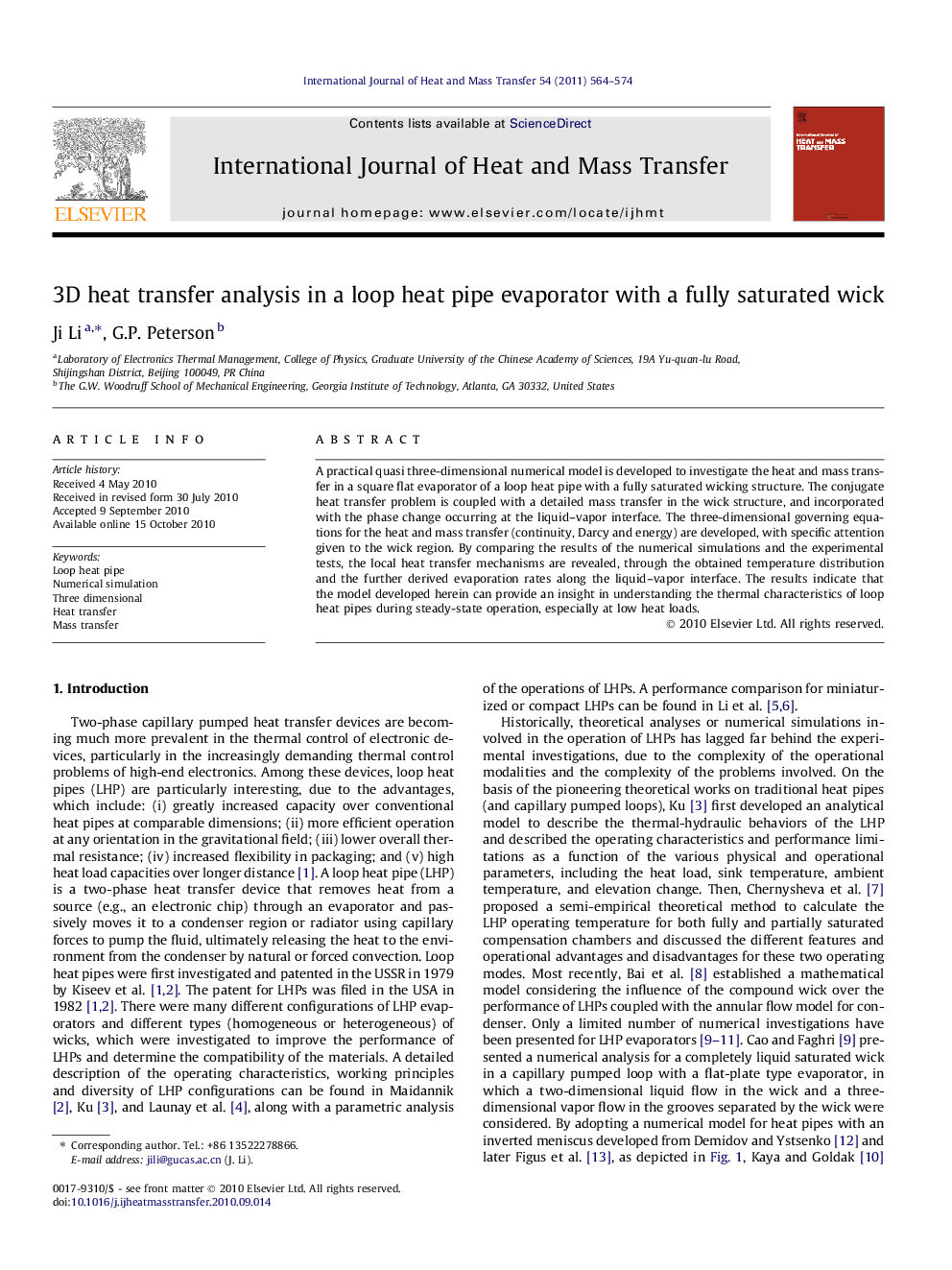 3D heat transfer analysis in a loop heat pipe evaporator with a fully saturated wick