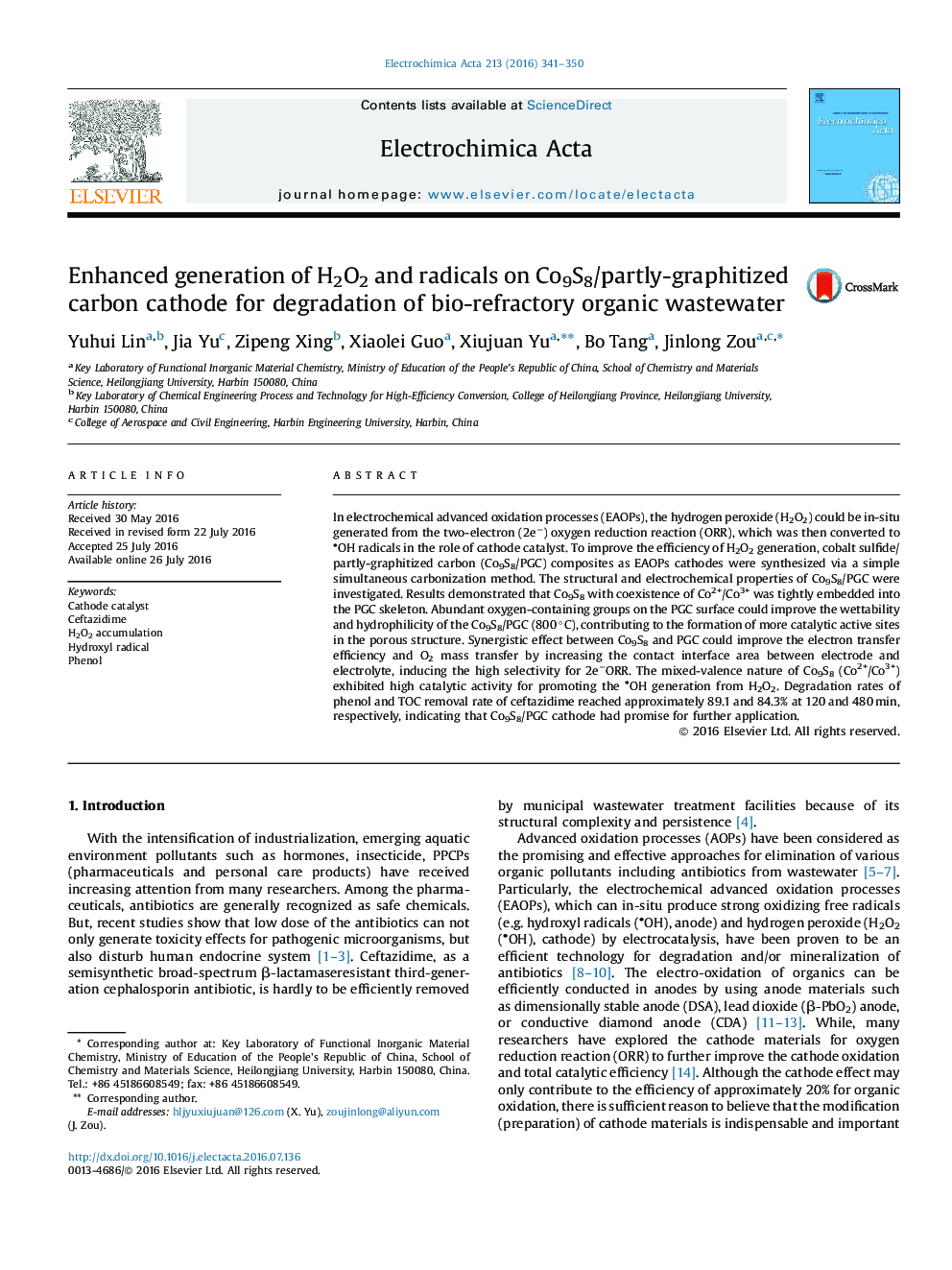 Enhanced generation of H2O2 and radicals on Co9S8/partly-graphitized carbon cathode for degradation of bio-refractory organic wastewater