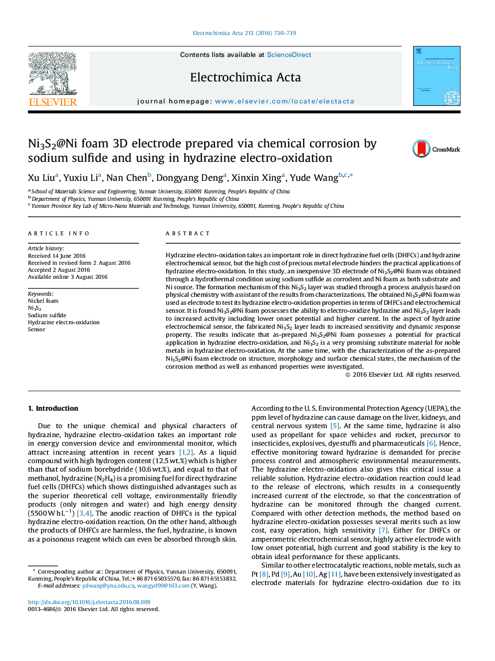 Ni3S2@Ni foam 3D electrode prepared via chemical corrosion by sodium sulfide and using in hydrazine electro-oxidation