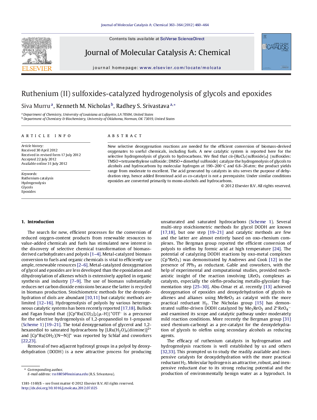 Ruthenium (II) sulfoxides-catalyzed hydrogenolysis of glycols and epoxides