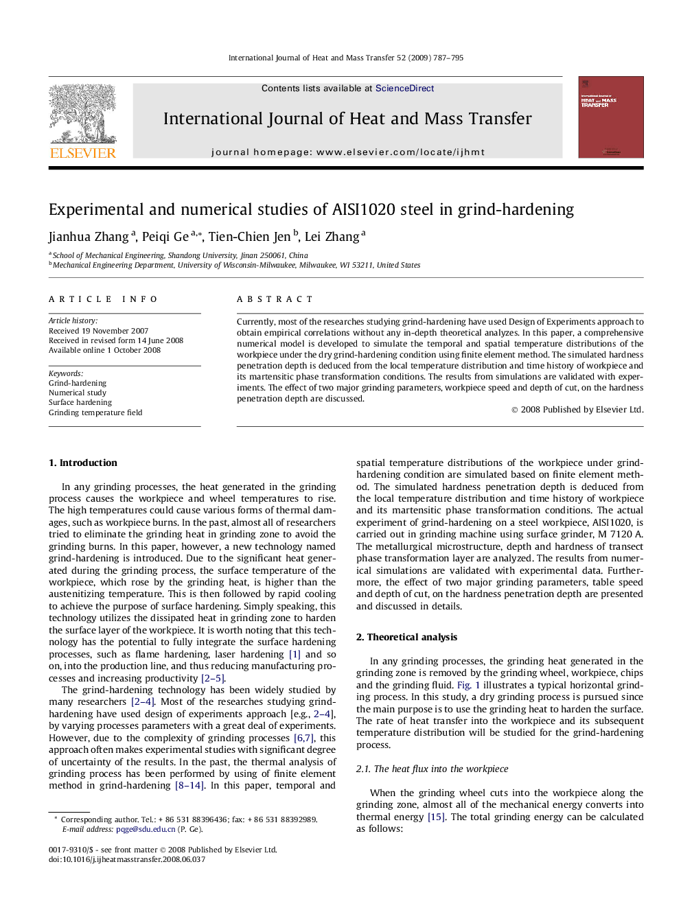 Experimental and numerical studies of AISI1020 steel in grind-hardening