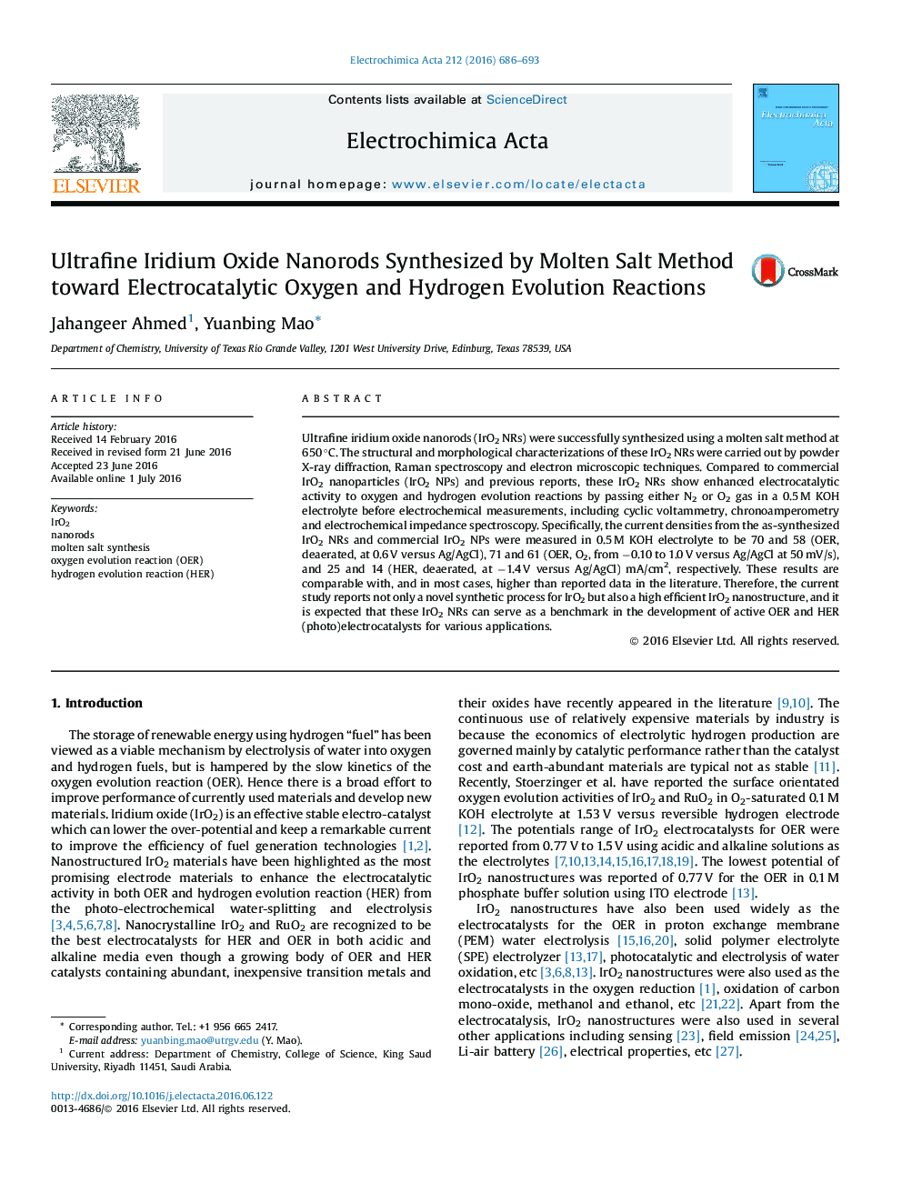 Ultrafine Iridium Oxide Nanorods Synthesized by Molten Salt Method toward Electrocatalytic Oxygen and Hydrogen Evolution Reactions