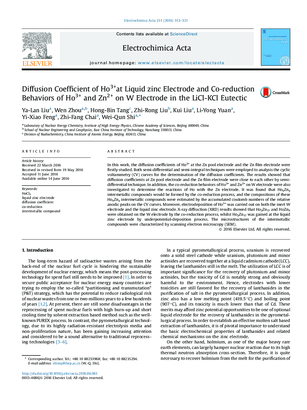 Diffusion Coefficient of Ho3+at Liquid zinc Electrode and Co-reduction Behaviors of Ho3+ and Zn2+ on W Electrode in the LiCl-KCl Eutectic