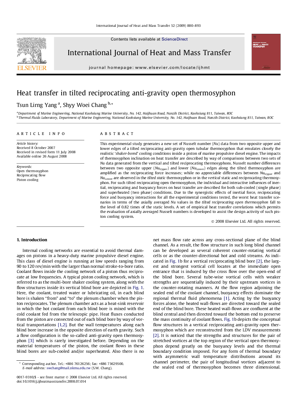 Heat transfer in tilted reciprocating anti-gravity open thermosyphon