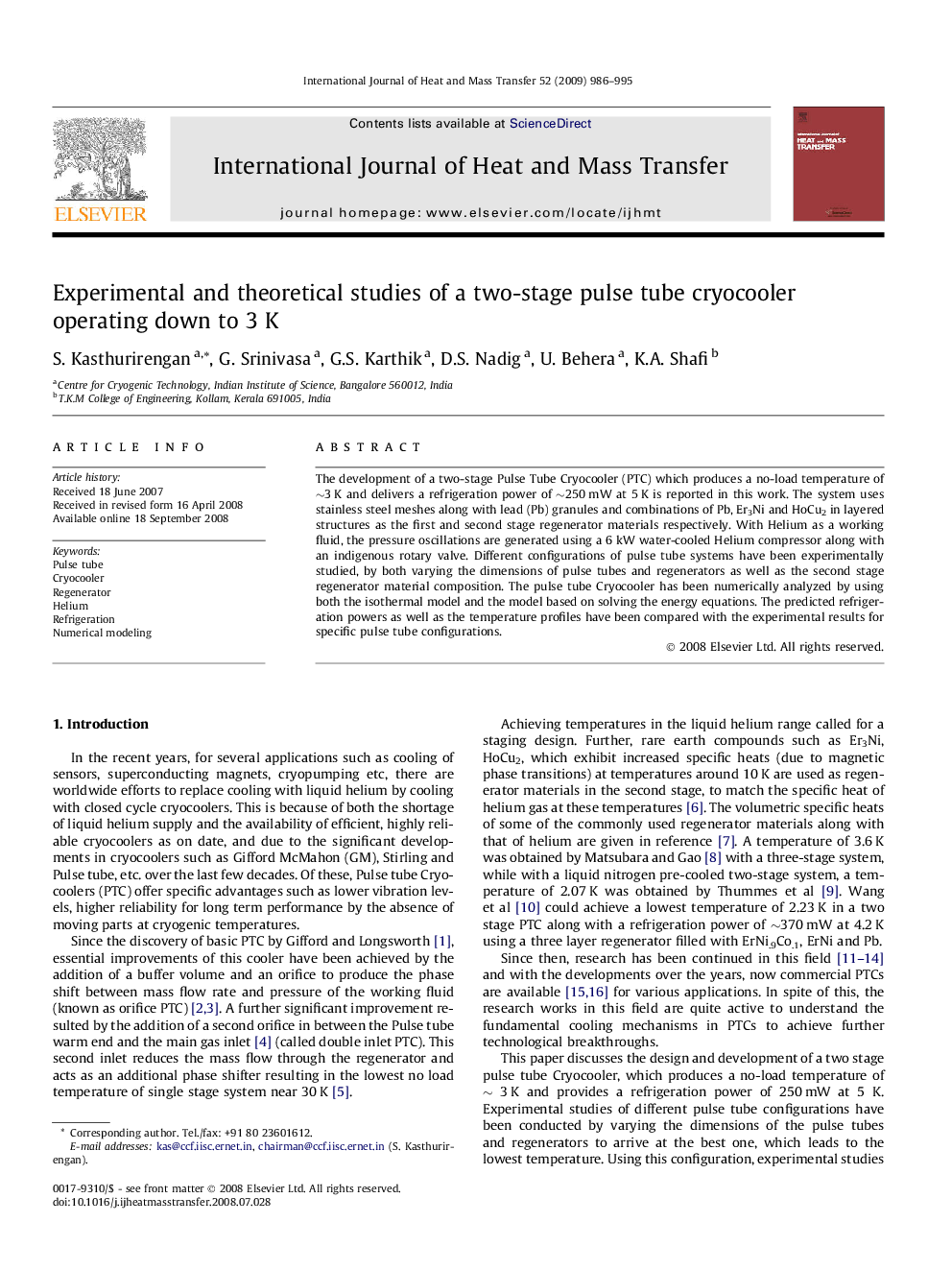 Experimental and theoretical studies of a two-stage pulse tube cryocooler operating down to 3 K