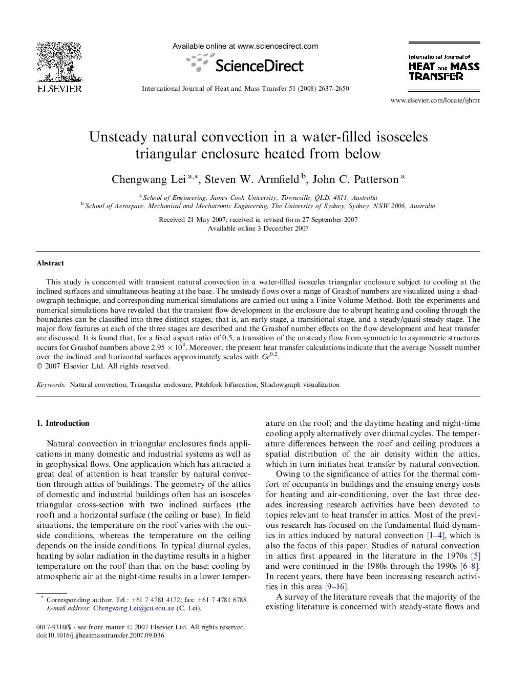 Unsteady natural convection in a water-filled isosceles triangular enclosure heated from below