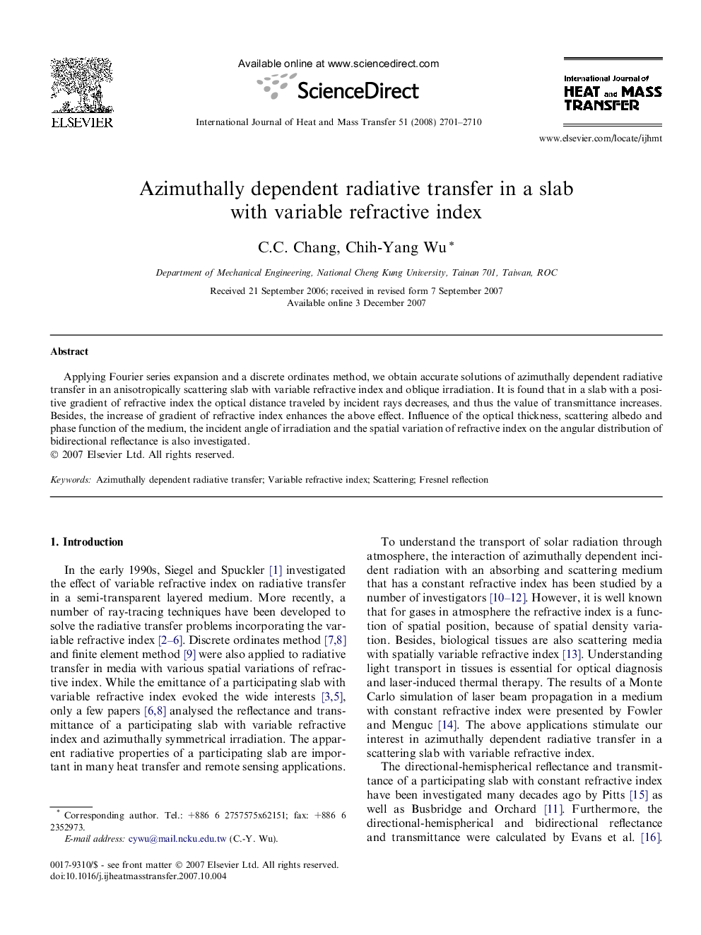Azimuthally dependent radiative transfer in a slab with variable refractive index