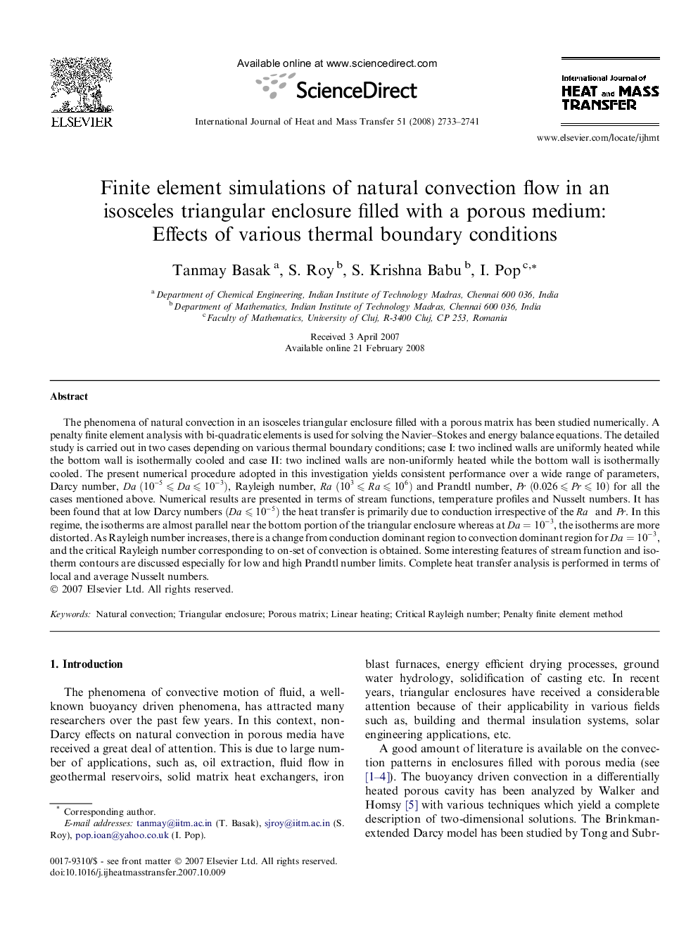 Finite element simulations of natural convection flow in an isosceles triangular enclosure filled with a porous medium: Effects of various thermal boundary conditions