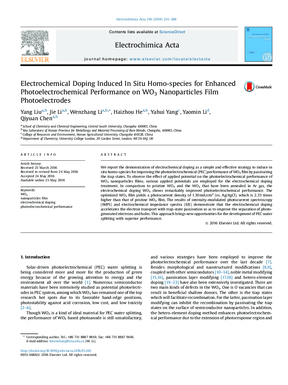 Electrochemical Doping Induced In Situ Homo-species for Enhanced Photoelectrochemical Performance on WO3 Nanoparticles Film Photoelectrodes