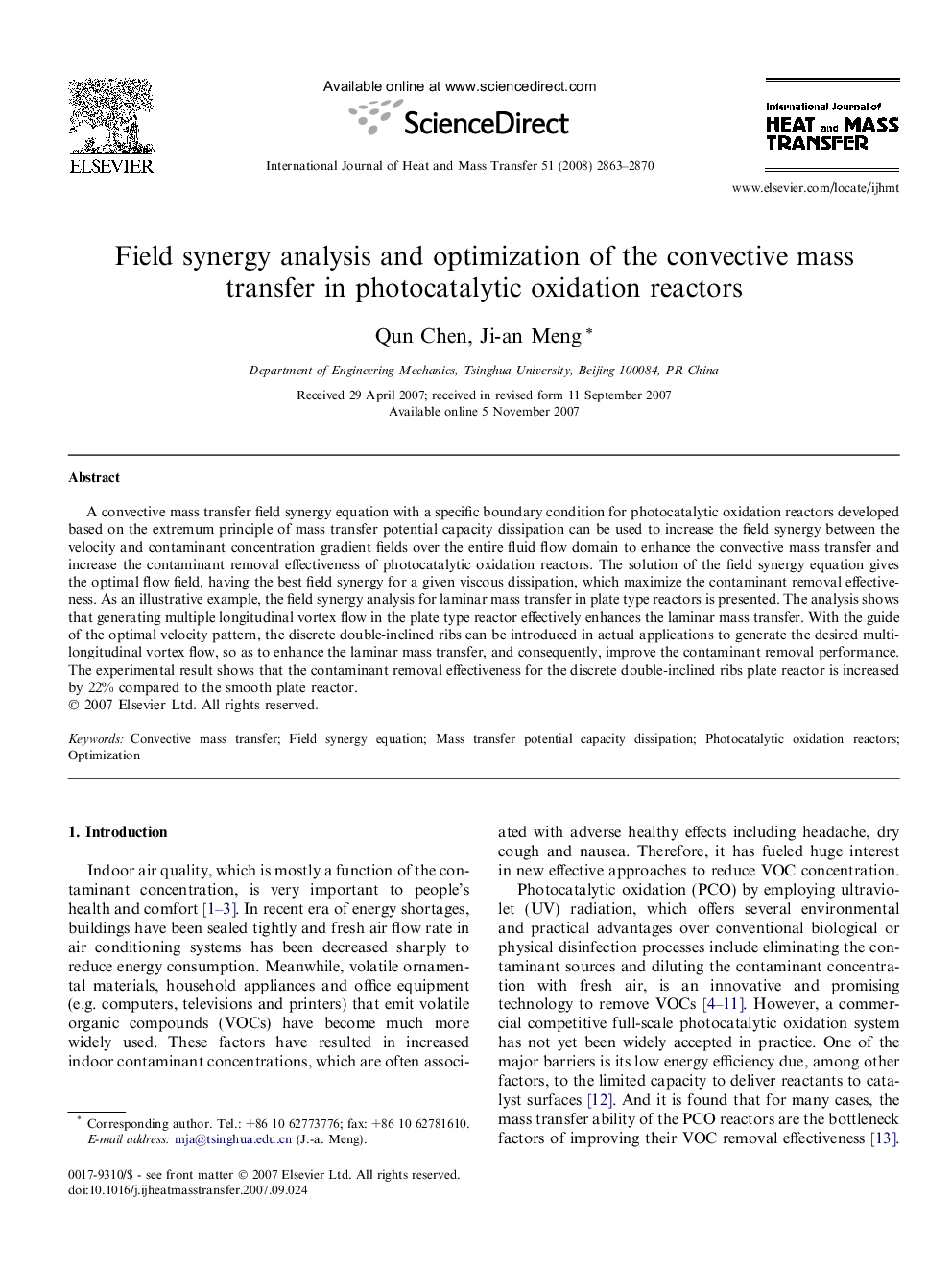 Field synergy analysis and optimization of the convective mass transfer in photocatalytic oxidation reactors