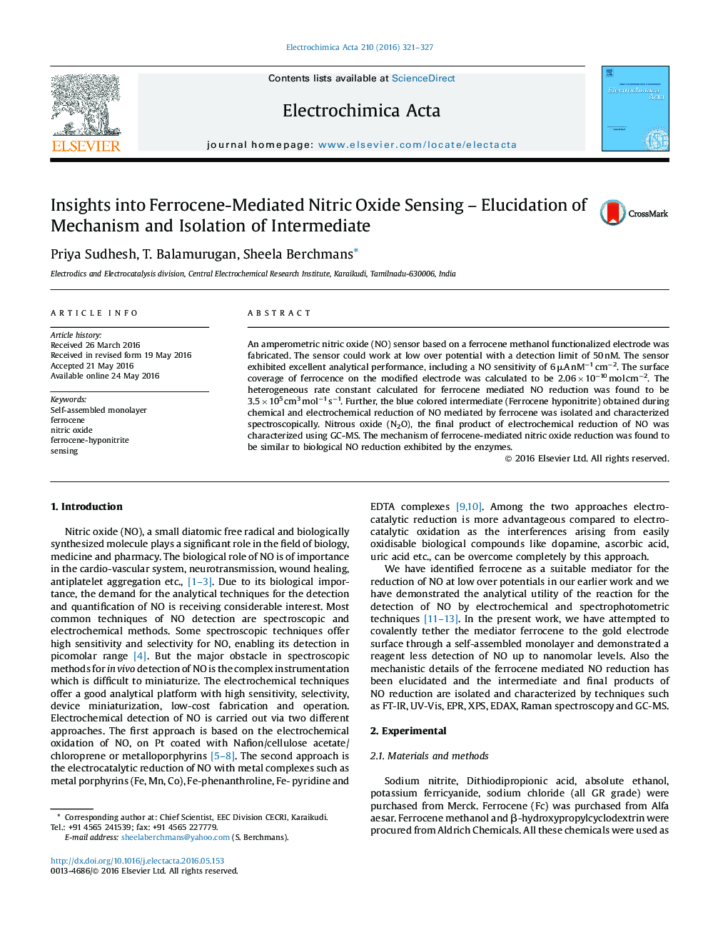 Insights into Ferrocene-Mediated Nitric Oxide Sensing - Elucidation of Mechanism and Isolation of Intermediate