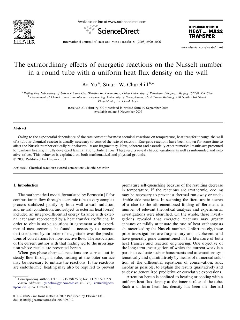 The extraordinary effects of energetic reactions on the Nusselt number in a round tube with a uniform heat flux density on the wall