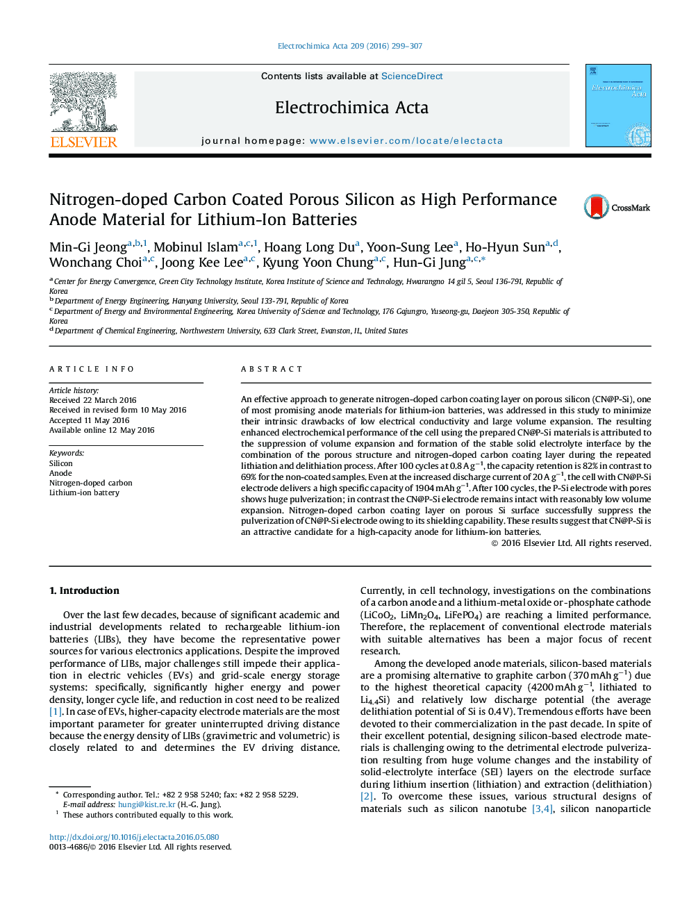 Nitrogen-doped Carbon Coated Porous Silicon as High Performance Anode Material for Lithium-Ion Batteries